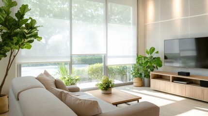 A cozy modern living room with sheer white roller blinds, letting soft light filter through the large windows
