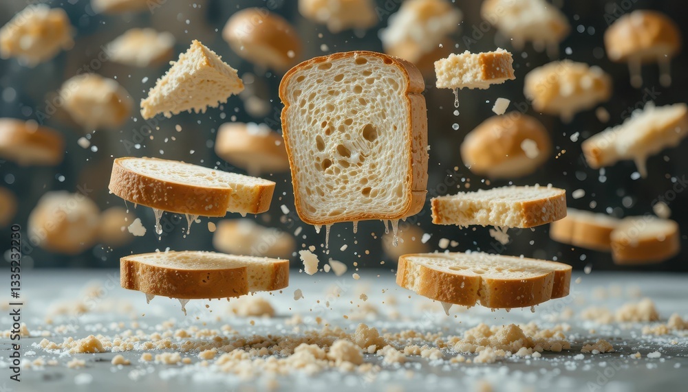 Poster floating bread slices in midair with crumbs on a table surface
