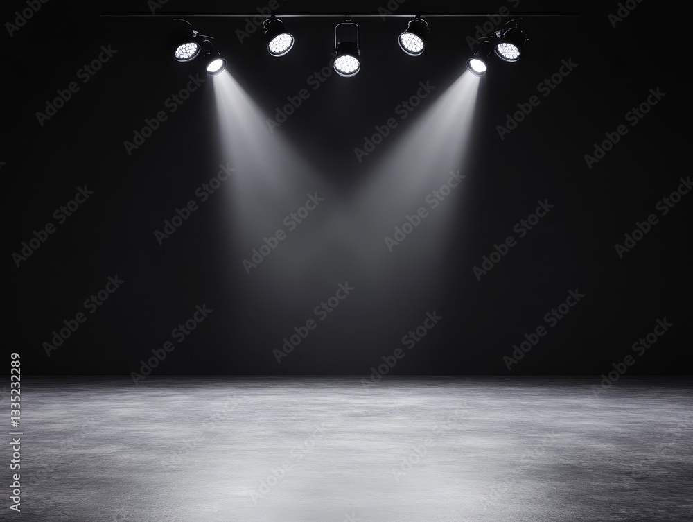 Poster dramatic stage lighting illuminating an empty performance space with shadows