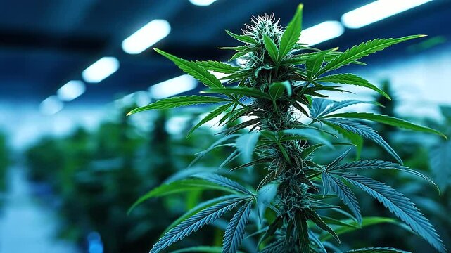 Close-up view of a vibrant cannabis crop with deep blue hues on the leaves and delicate flowers, showing the strong