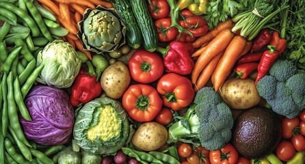 Fresh vegetables, colorful produce, organic farm stand, vibrant assortment, healthy eating, crisp textures, diverse veggies, farmers market display, nutrient-rich foods, green leafy vegetables