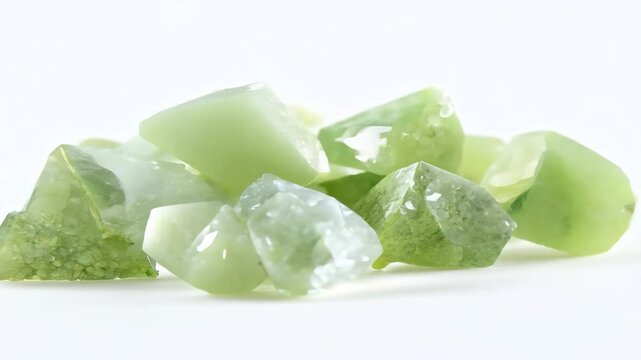 A collection of various green prehnite gemstones and crystals, showcasing different shapes and sizes. The stones are semi-transparent with a glossy surface, arranged on a light background.