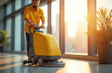 Unrecognizable person cleans pro office floor with washing machine. Janitorial commercial maintenance. Hygiene, sanitation, cleanliness, tidiness concept. Workplace tidying, business neatness, fresh