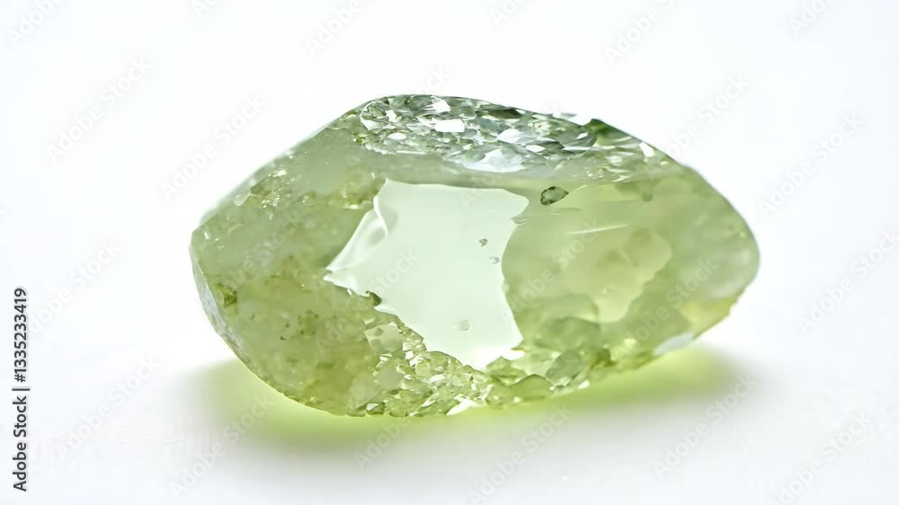 Poster a close-up view of a translucent green prehnite gemstone with a rough surface and unique internal st