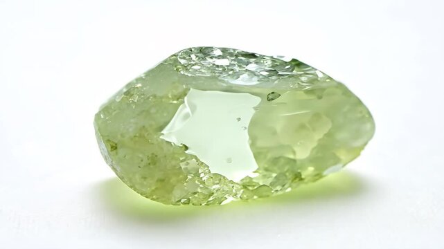 A close-up view of a translucent green prehnite gemstone with a rough surface and unique internal structure, reflecting light beautifully.