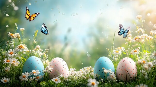 green meadow, colorful abstract easter eggs in lawn with butterflies flying