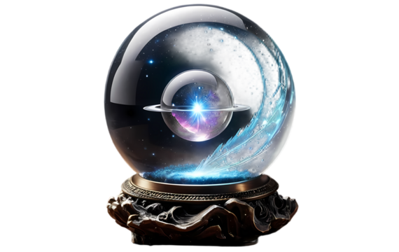 Levitating Crystal Orb with Swirling Galaxy and Cosmic Glow
