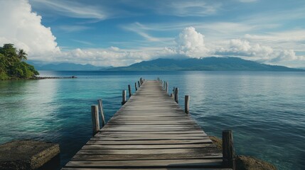 Obraz premium Idyllic ocean pier leading towards distant mountains and picturesque cloudscape