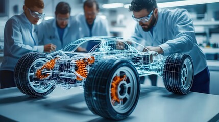 Obraz premium A team of engineers reviewing 3D CAD models of a truck side mirror, high-tech development lab, 