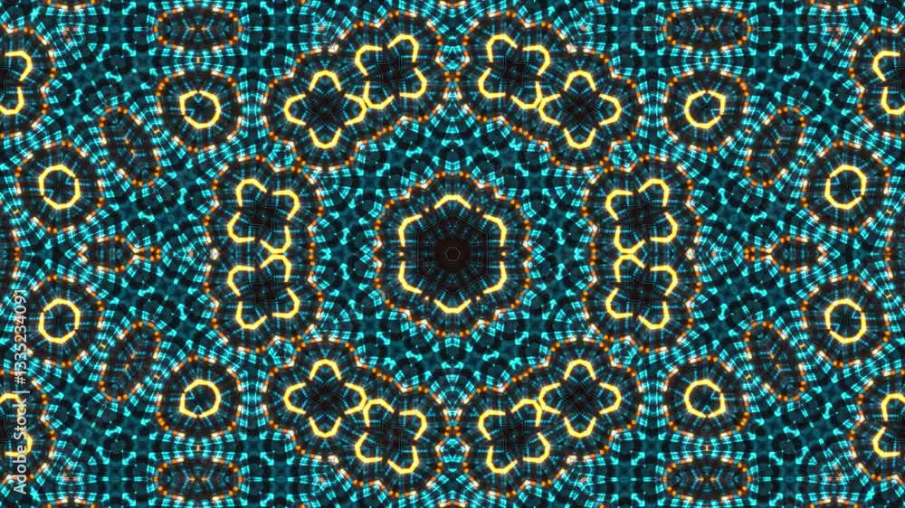 Poster intricate geometric pattern with vibrant colors and glowing lines creating a mesmerizing effect