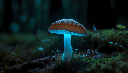 Glowing Mushroom Emitting a Soft Bioluminescent Light in Darkness

