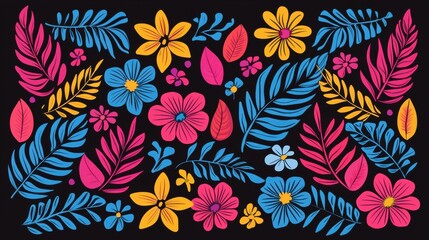 A vibrant illustration of tropical flora, featuring a variety of flowers and leaves in shades of pink, blue, yellow, and orange.