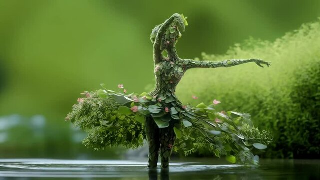 Green leaves forming the body of a ballerina dancing in a wet forest. Water, environment and ecology concept