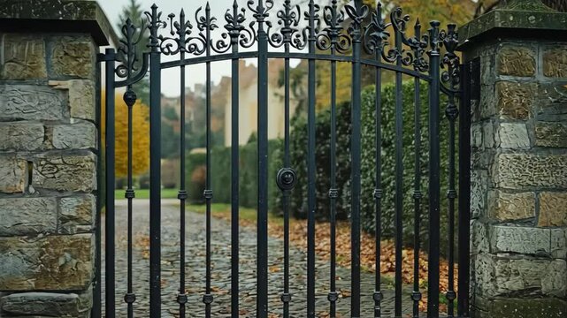 Elegant wrought iron gate leads to a charming estate with autumn foliage in the background