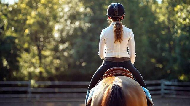Young girl riding a pony in a sunny outdoor equestrian arena with trees in the backgroun