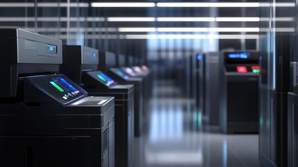 Modern Printing Technology in a Sleek Office Environment with Advanced Equipment and Illuminated Interior Design