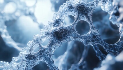 Abstract image of a complex, interconnected structure resembling a network of bubbles or cells. Cool-toned, blue hues create a serene and mysterious atmosphere.