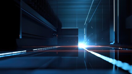 Futuristic Abstract Scene with Glowing Light Beams and Dark Background in a High-tech Environment
