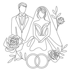 Wedding Line Art Illustration of Bride and Groom with Roses and Rings. No color on a white background. Vector illustration