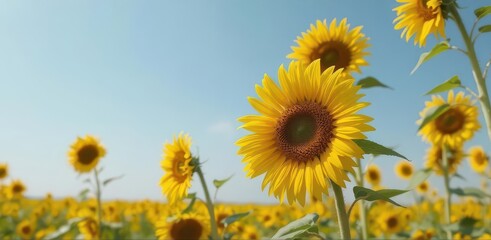 Obraz premium A vibrant yellow sunflower blooms in a sun-drenched field, flower,countryside,sunshine