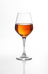 Elegant glass filled with amber liqueur against white backdrop. Clear stemware reflects light. Ideal for spirits, alcoholic beverage concepts, drinks industry, distillery products, winery, bar,