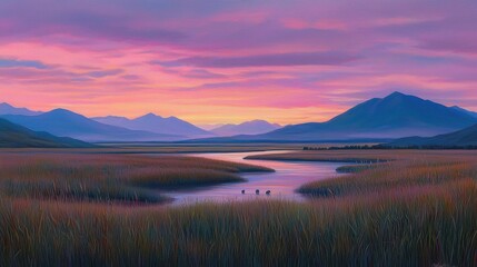 A serene sunset paints the sky with hues of pink, orange, and purple, casting a warm glow over a tranquil landscape.