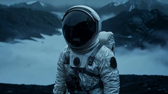 An Astounding Astronaut Wanders Through an Alien Landscape at Dusk, Experiencing Cosmic Wonder and Serenity