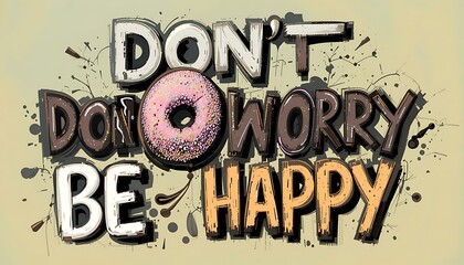 Don't Worry Be Happy Inspirational Quote with Donut Graphic Design, Colorful Typography, Artistic Text, Motivational Poster