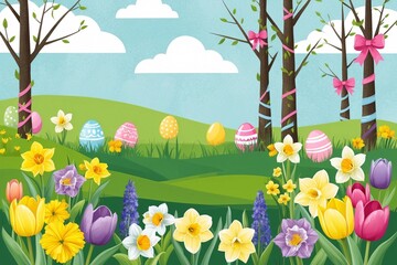 Easter Landscape Wallpaper, Easter Landscape Background, Easter Background, Easter Wallpaper, Easter Scenery Illustration, Easter Eggs Baskets Bunnies Flowers, Easter Decoration, Easter Banner