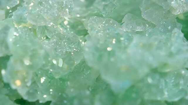 Close-up view of shimmering green prehnite mineral crystals with a textured surface, showcasing their intricate details and sparkling facets.