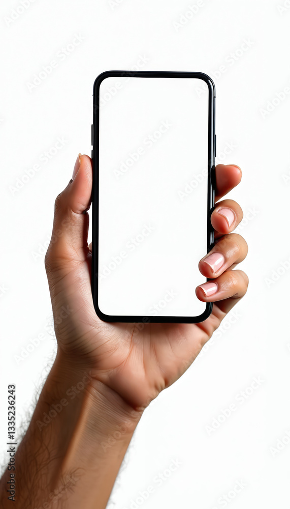 Poster close-up of man hand holding smartphone with blank white screen. cellphone display to showcase app d
