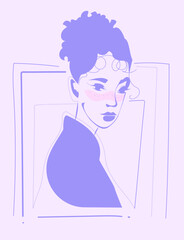 black woman with curls. Print for T-shirt, graphic tee,card. portrait of a young beautiful African American woman with exotic natural beauty. Vector fashion illustration in violet tones