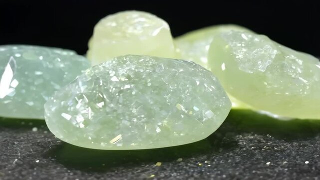 A collection of sparkling prehnite gemstones in various shades of green, showcasing their translucent and crystalline structures against a dark background.