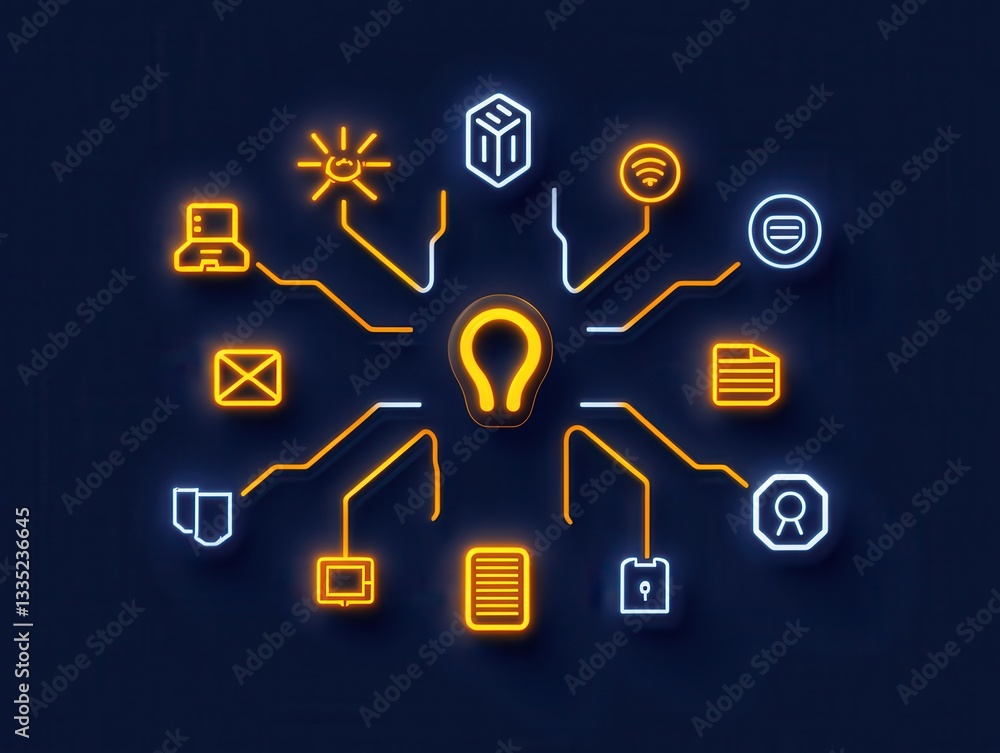 Poster neon light icons representing various digital communication tools and concepts