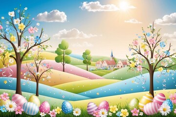 Naklejka premium Easter Landscape Wallpaper, Easter Landscape Background, Easter Background, Easter Wallpaper, Easter Scenery Illustration, Easter Eggs Baskets Bunnies Flowers, Easter Decoration, Easter Banner