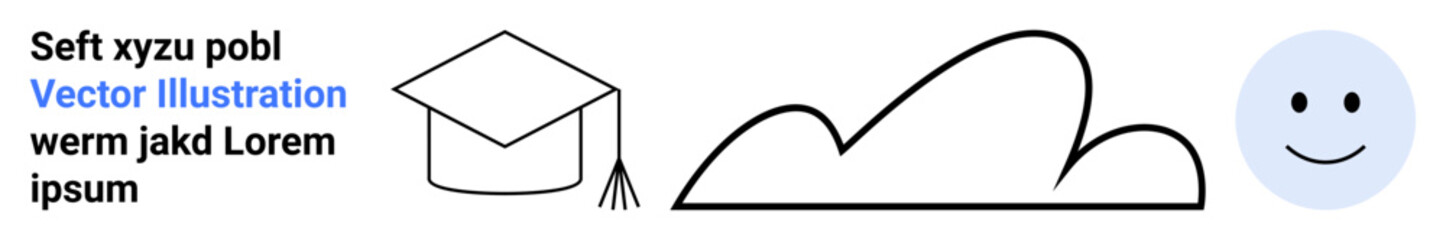 Graduation cap, cloud, and blue happy face represent learning, achievement, and positivity. Ideal for education, career growth, personal development, success creativity optimism simple landing