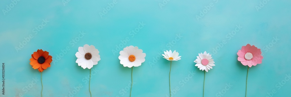 Poster a row of flowers are arranged on a blue background. the flowers are of different colors and sizes, c
