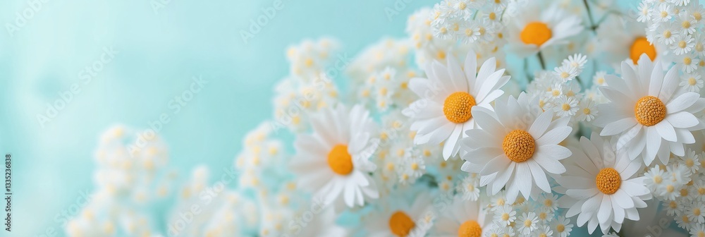 Poster a bouquet of white flowers with yellow centers. the flowers are arranged in a way that they are all 
