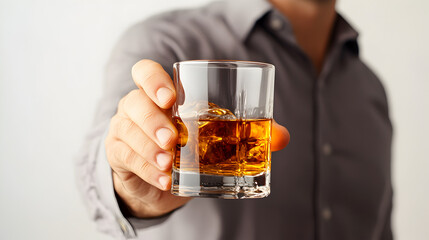 A man is holding a glass of whiskey. The glass is half full and the man is smiling
