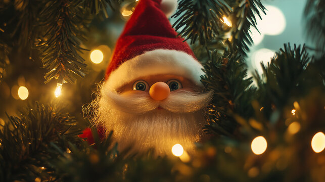 A gnome peeking mischievously from behind a Christmas tree, its fluffy beard catching the twinkling lights.