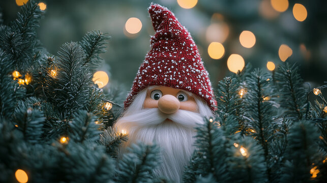 A gnome peeking mischievously from behind a Christmas tree, its fluffy beard catching the twinkling lights.