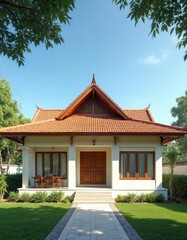 Thai bungalow with wooden trim, terracotta roof. House features rich green lawn, big windows, trees. It property with tropical garden under blue sky for vacation rental, investment or family living.