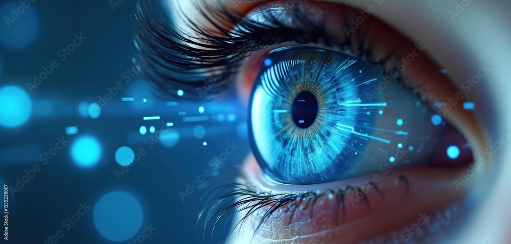 Aufkleber Macro close-up of futuristic blue eye with digital data streams flowing through iris. Visual tech symbols around. Cyberpunk hi-tech human vision concept. Artificial intelligence, machine learning,
