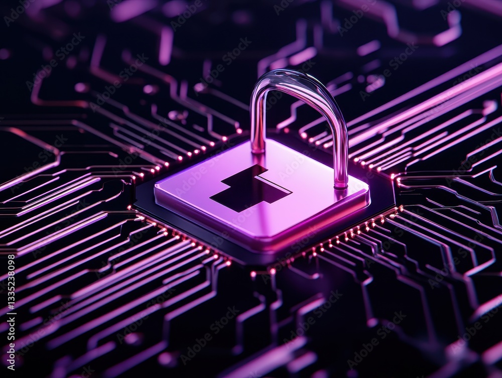 Poster digital lock symbolizing cybersecurity on a circuit board background