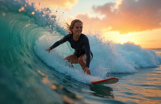Happy surfer woman rides wave on surfboard at sunset. Female in wetsuit surfing in sea, sport lifestyle. Water splashes, wet hair, summer vacation activity. Extreme sport entertainment.