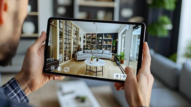 Man Using Tablet for Virtual Home Tour and Interior Design Inspiration Experience
