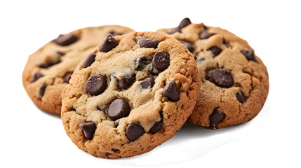 Three chocolate chip cookies stacked on top of each other. The cookies are brown and have chocolate chips on top