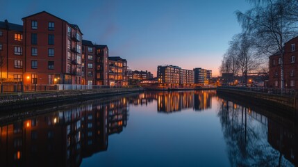 Fototapeta premium Stunning evening view of a charming riverside city. The serene water reflects beautiful buildings and warm lights. A peaceful scene that captures urban beauty. Generative AI