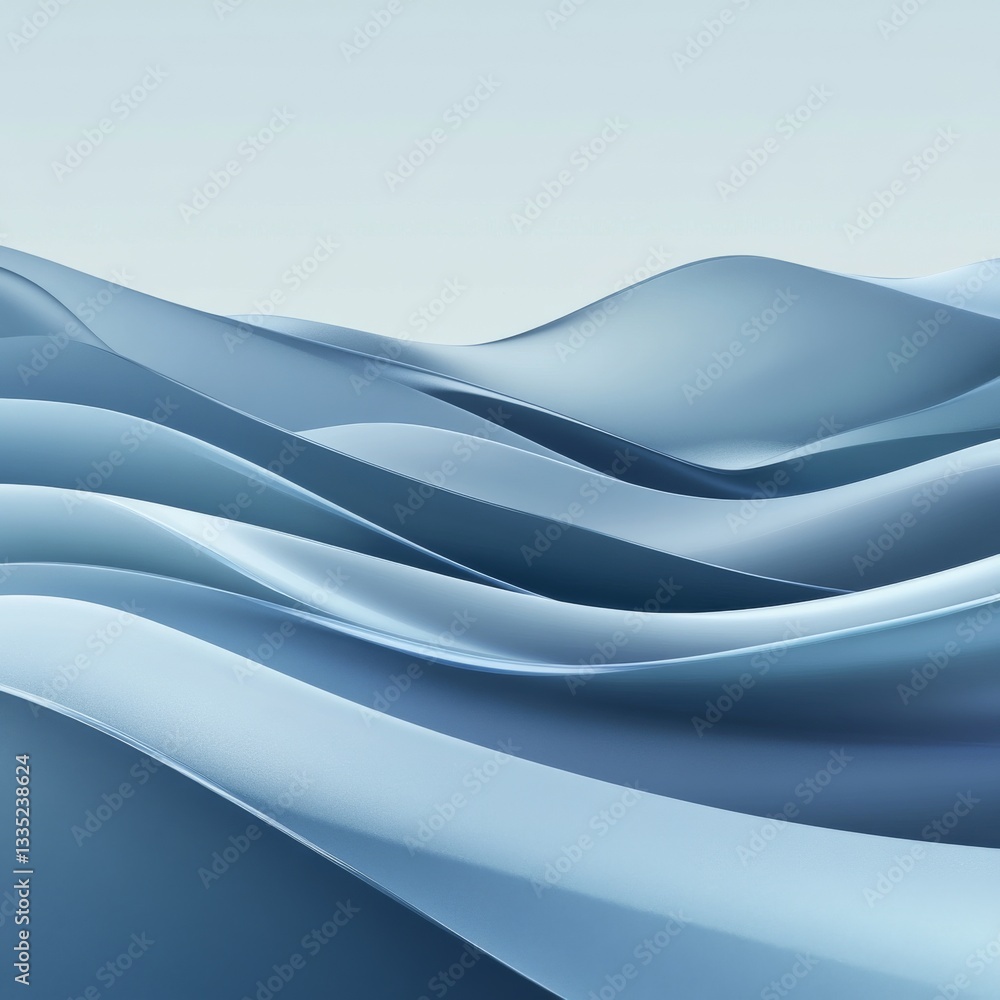 Poster abstract blue waveforms: a smooth and serene digital landscape in pastel tones, showing subtle light