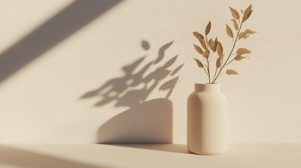 A white vase with a single plant sits on a light beige shelf against a light beige wall.
